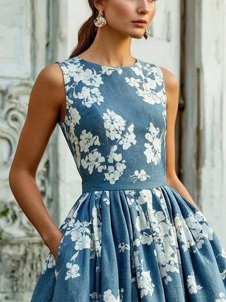 Isabella | Dame Blomstret Linen Midi Kjole Ærmeløs