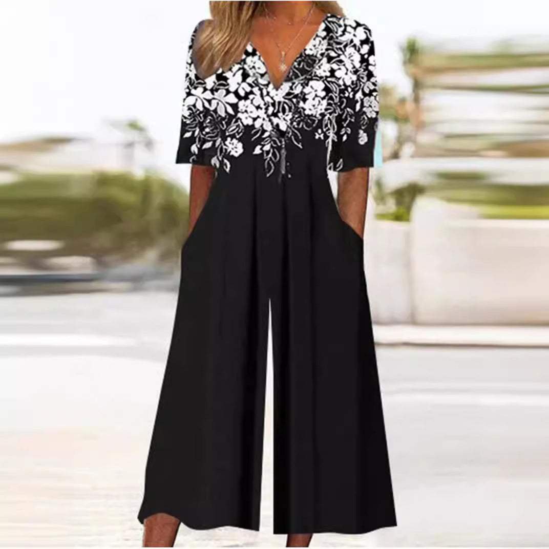 Emma | Dame Boho Blomsterprint Jumpsuit V-hals Halværmer Lommer