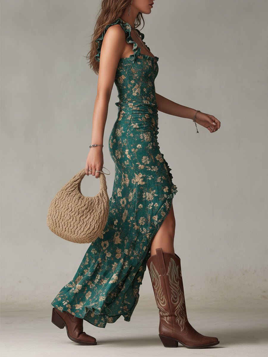Clara | Dame Boho Blomstret Maxi Kjole Smock Ærmeløs Sideslids