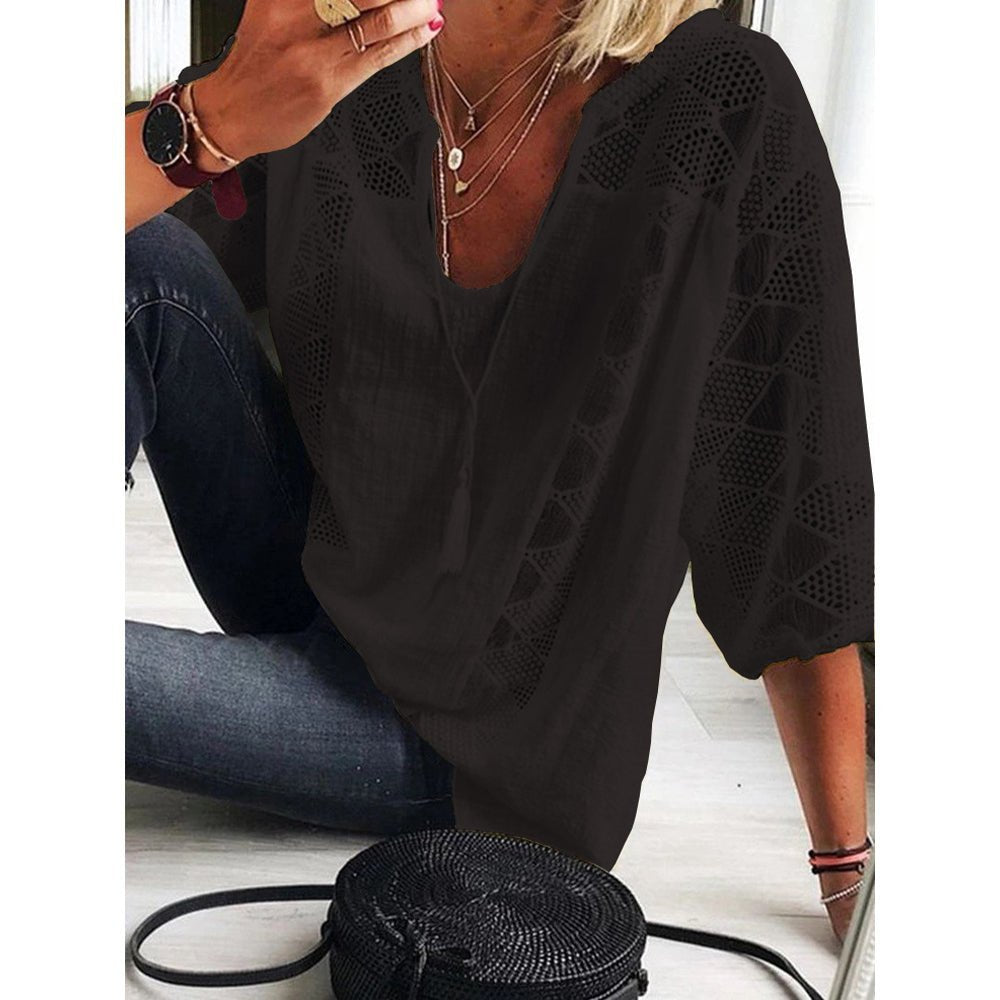 Ida | Dame Boho Løstsiddende Bluse med Hæklet Detalje og Trekvart Ærmer