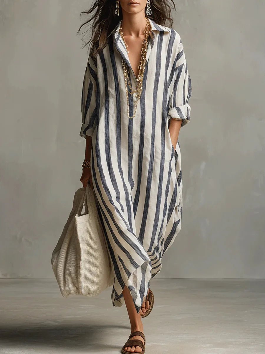 Astrid | Dame Boho Oversized Stribet Linned Maxi Skjortekjole