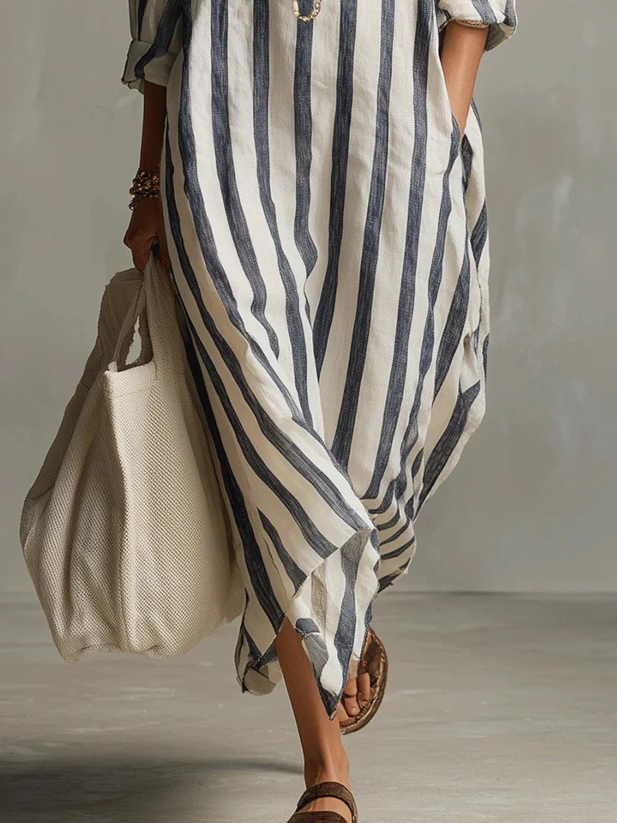 Astrid | Dame Boho Oversized Stribet Linned Maxi Skjortekjole