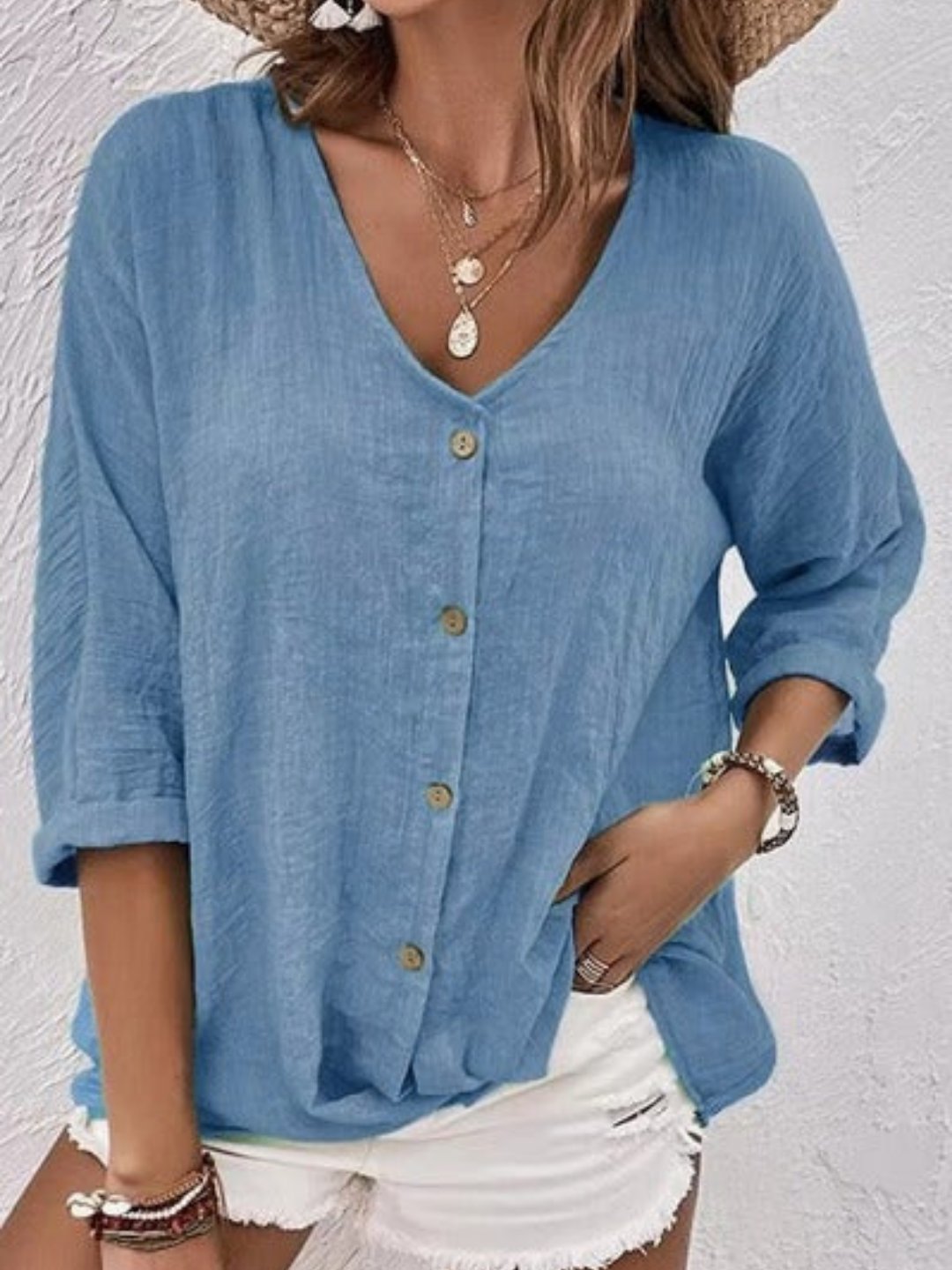 Sofia | Dame Bomuld V-hals Bluse Trekvart Ærmer Casual