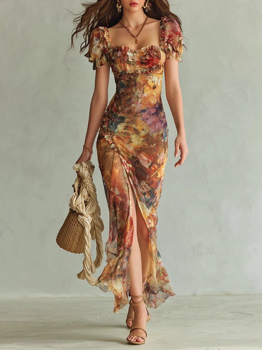 Isabella | Dame Chiffon Maxi Kjole Blomsterprint Sweetheart Hals