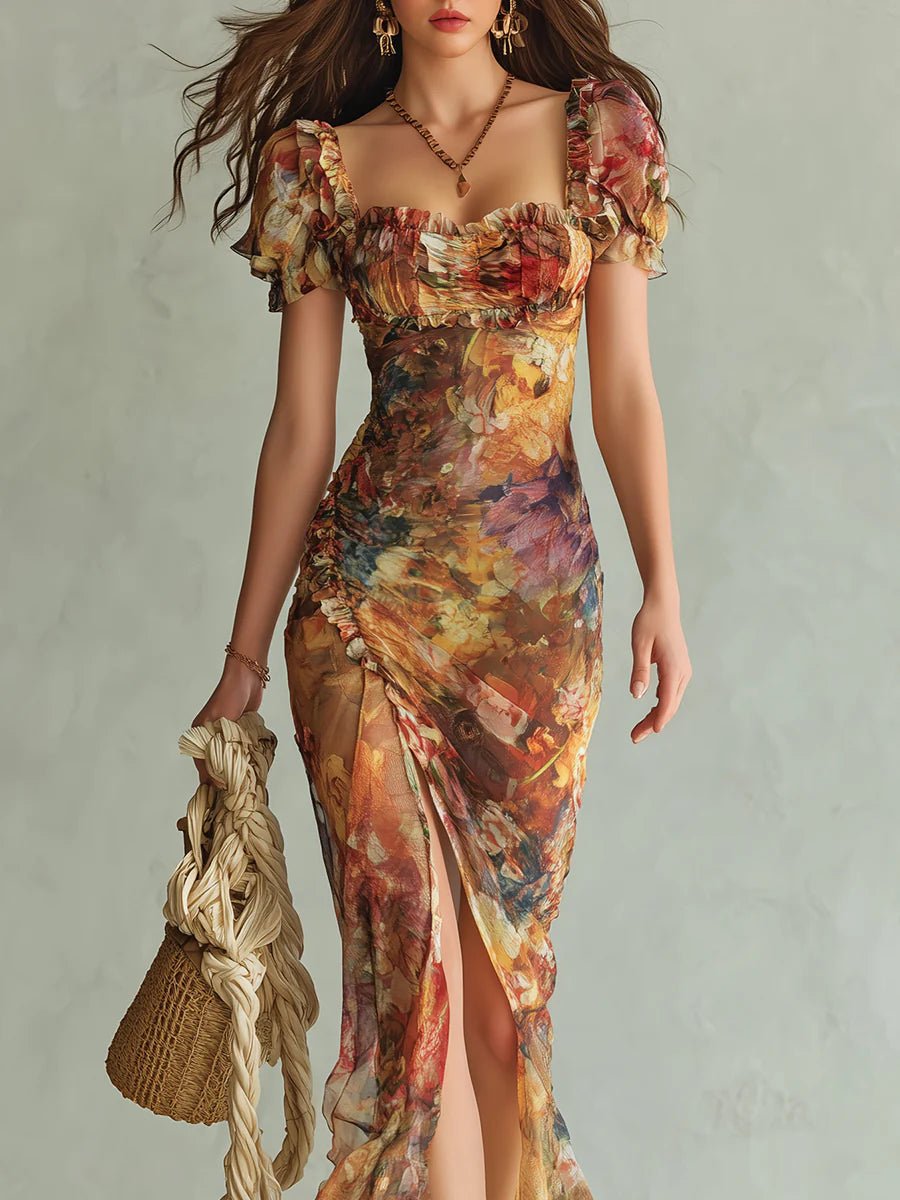Isabella | Dame Chiffon Maxi Kjole Blomsterprint Sweetheart Hals