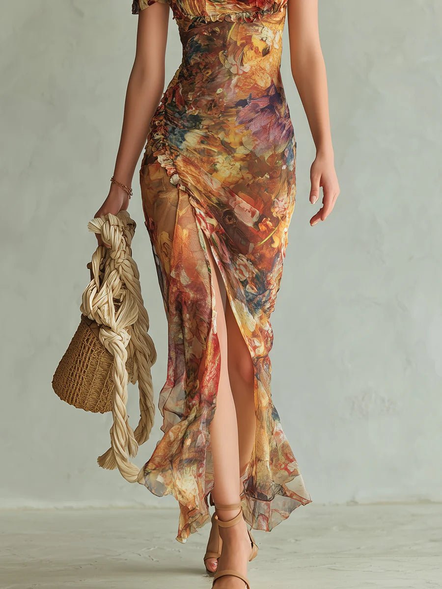 Isabella | Dame Chiffon Maxi Kjole Blomsterprint Sweetheart Hals
