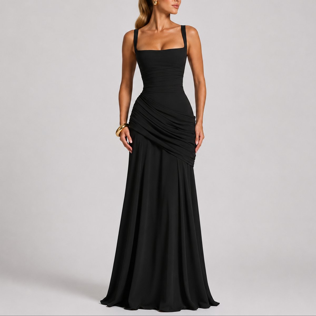 Mathilde | Dame Elegant Maxi Gallakjole Ruched Firkantet Halsudskæring Bryllupsgæst