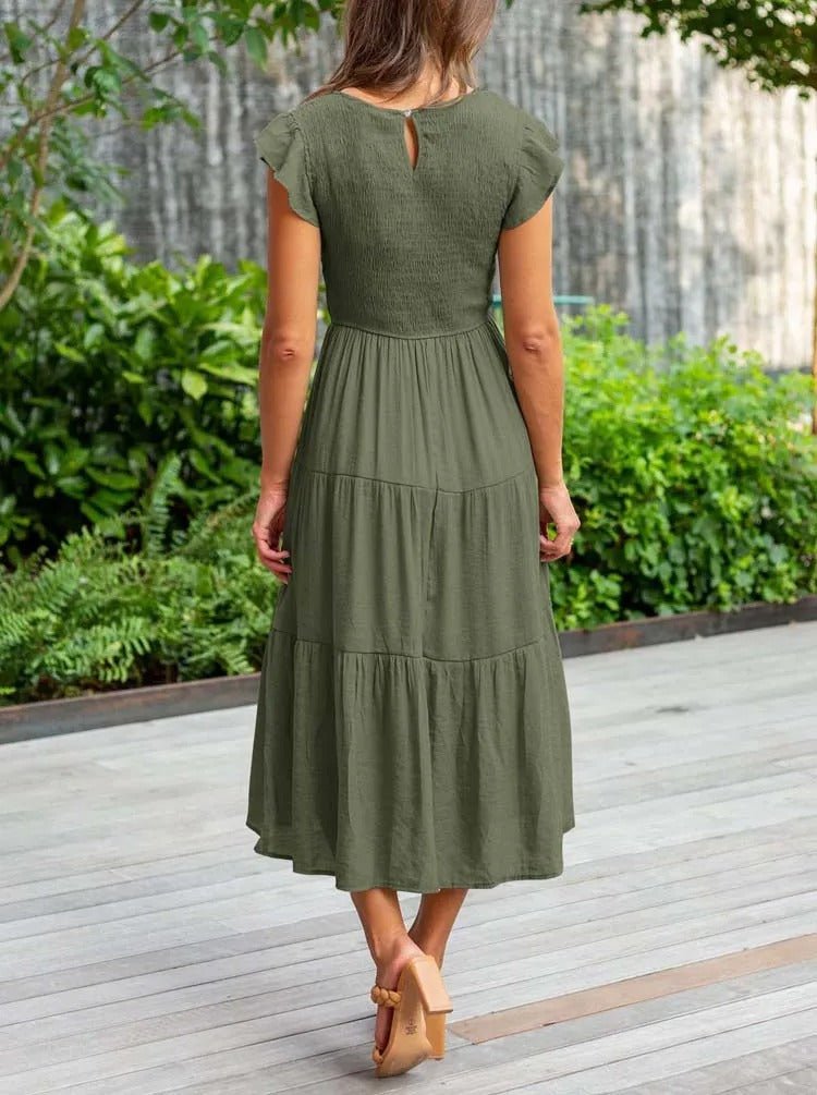Mathilde | Dame Elegant Terrakotta Midi Kjole med Flæse Ærmer