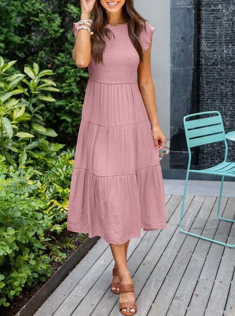 Mathilde | Dame Elegant Terrakotta Midi Kjole med Flæse Ærmer