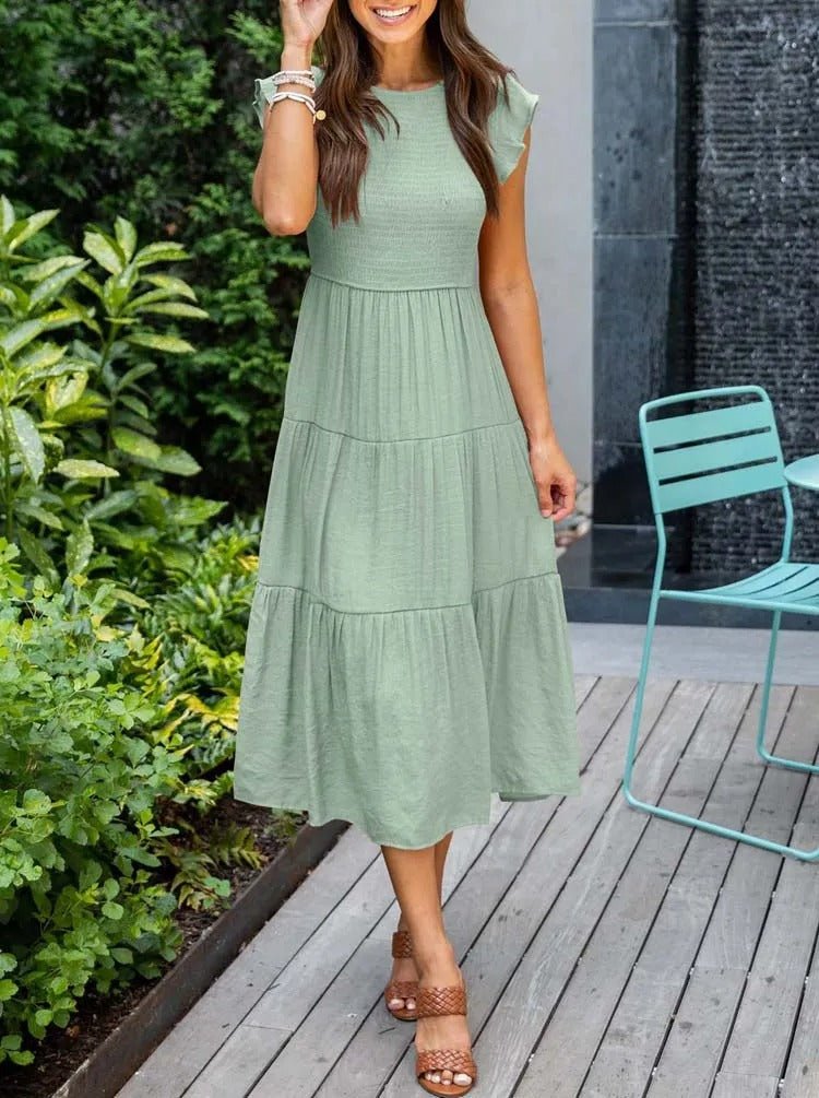 Mathilde | Dame Elegant Terrakotta Midi Kjole med Flæse Ærmer
