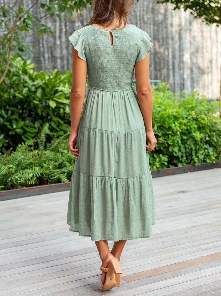 Mathilde | Dame Elegant Terrakotta Midi Kjole med Flæse Ærmer
