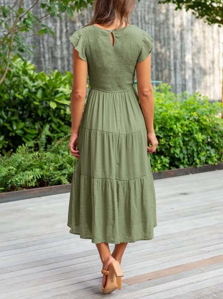 Mathilde | Dame Elegant Terrakotta Midi Kjole med Flæse Ærmer