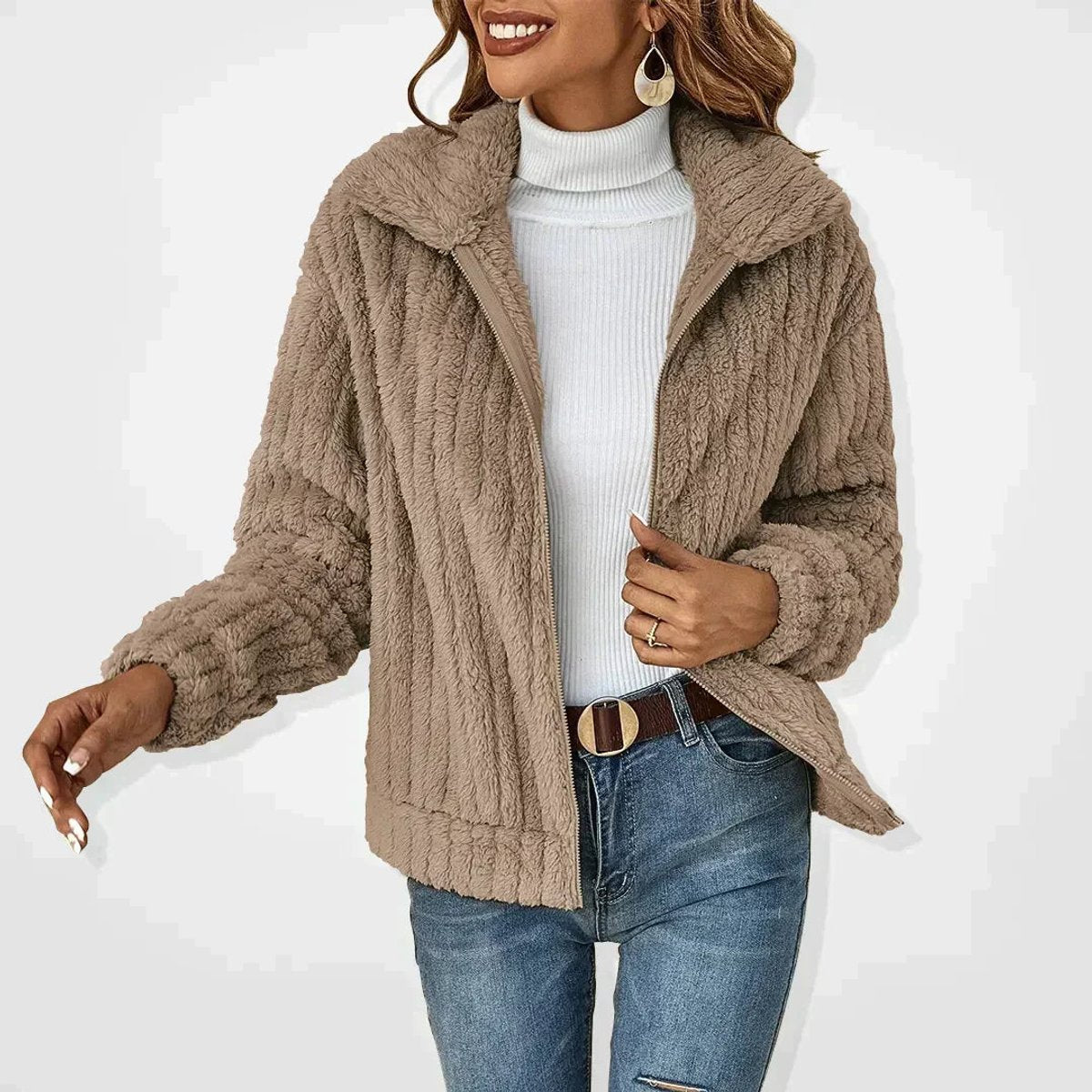 Freja | Dame Fluffy Cardigan med Lynlås Blødt Fleece Overtøj