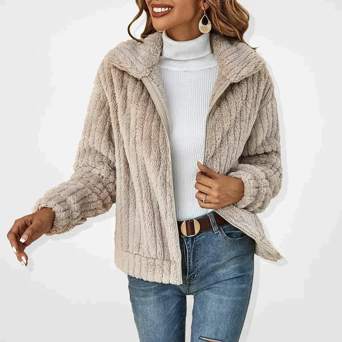 Freja | Dame Fluffy Cardigan med Lynlås Blødt Fleece Overtøj