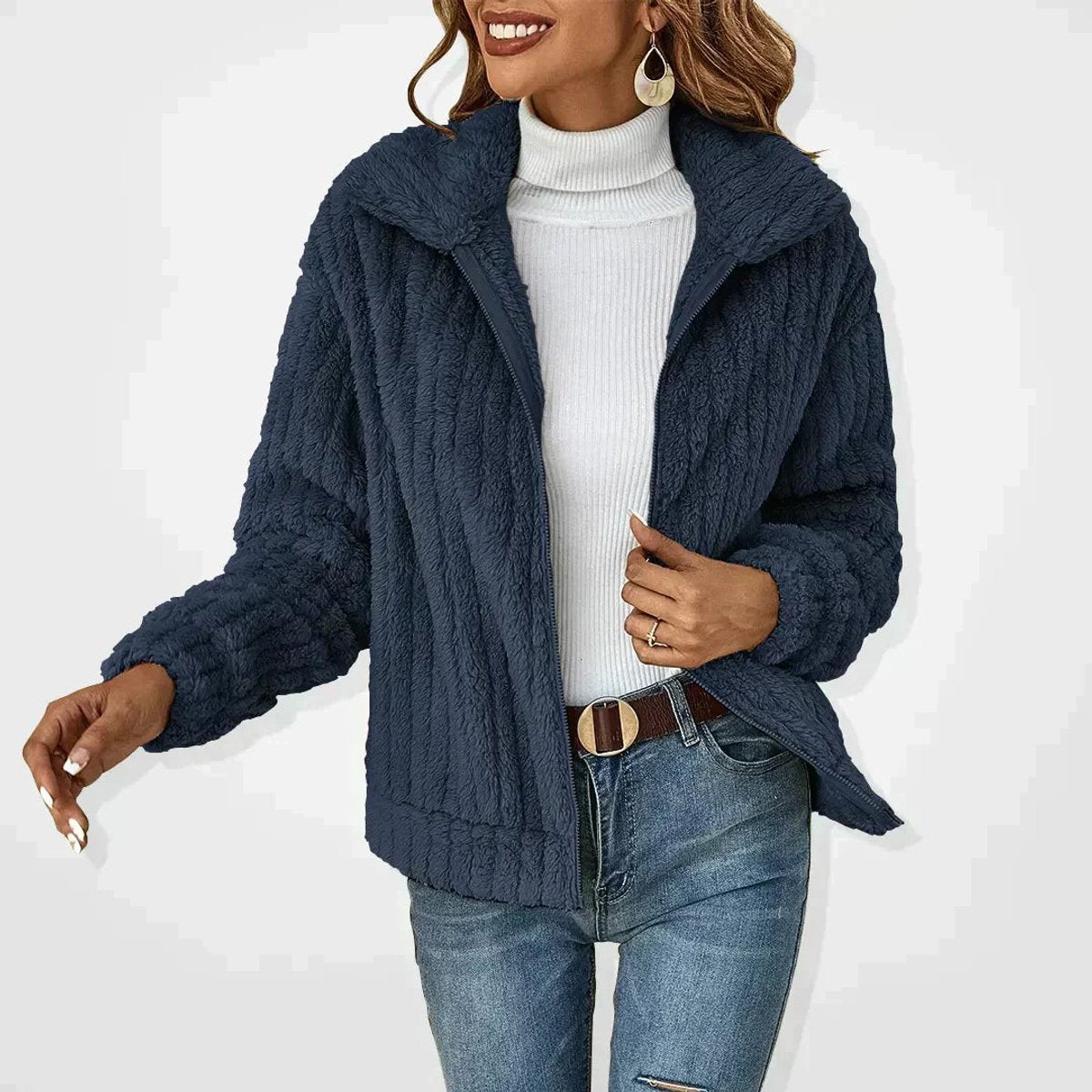 Freja | Dame Fluffy Cardigan med Lynlås Blødt Fleece Overtøj