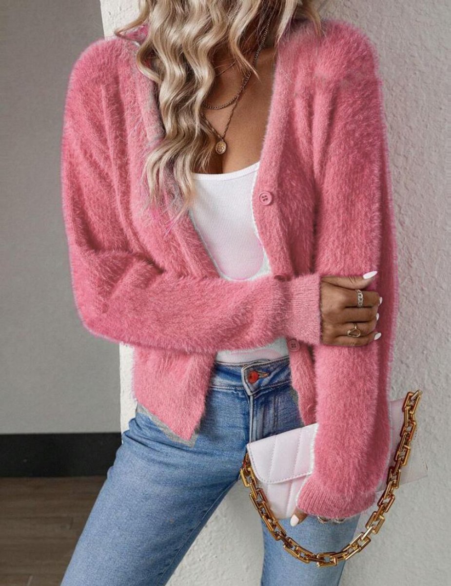 Anna | Dame Fluffy V-hals Cardigan Knaplukning Blød Strik