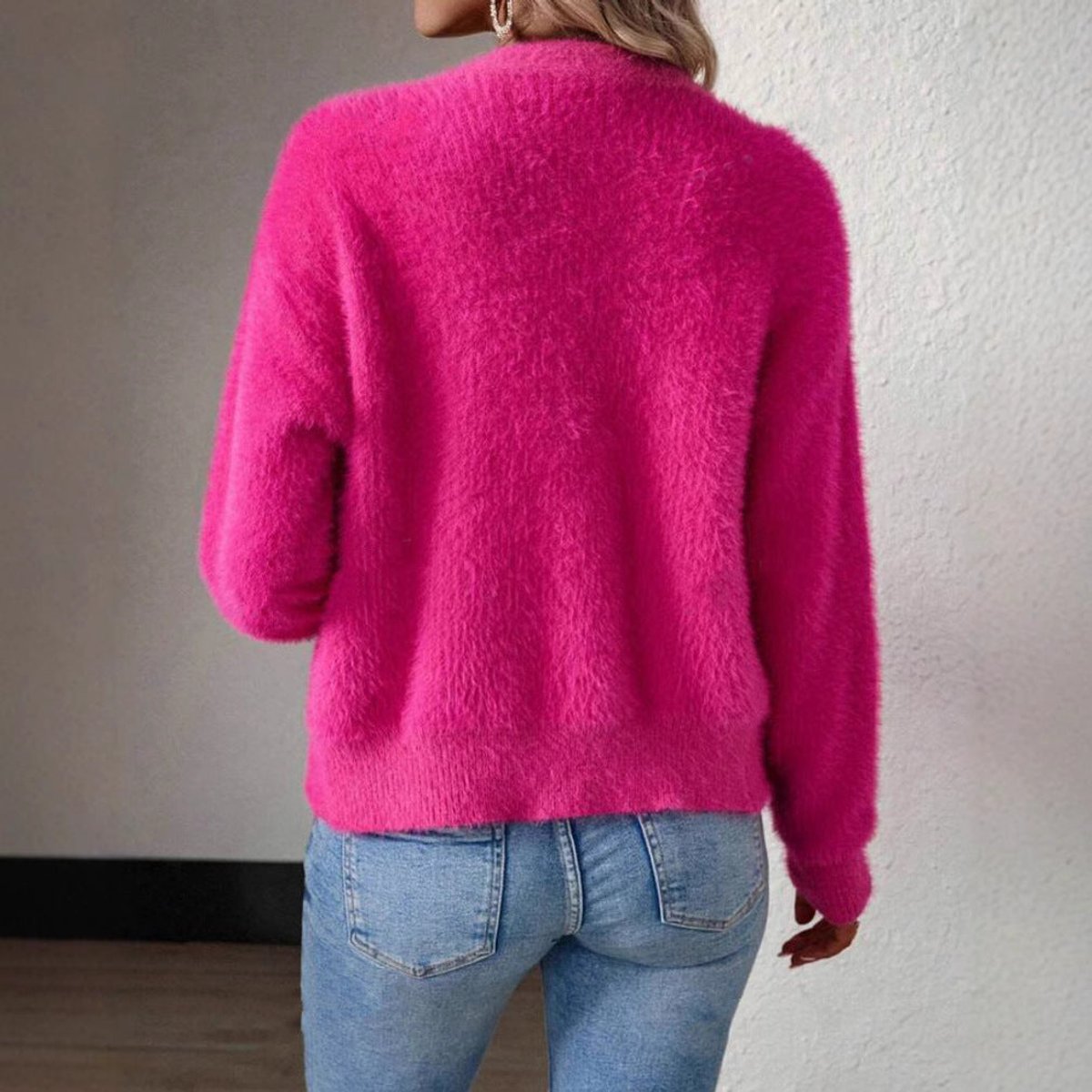 Anna | Dame Fluffy V-hals Cardigan Knaplukning Blød Strik