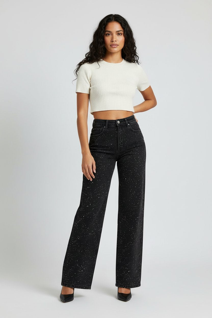 Isabella | Dame High-Waist Straight-Leg Glitter Denim Jeans