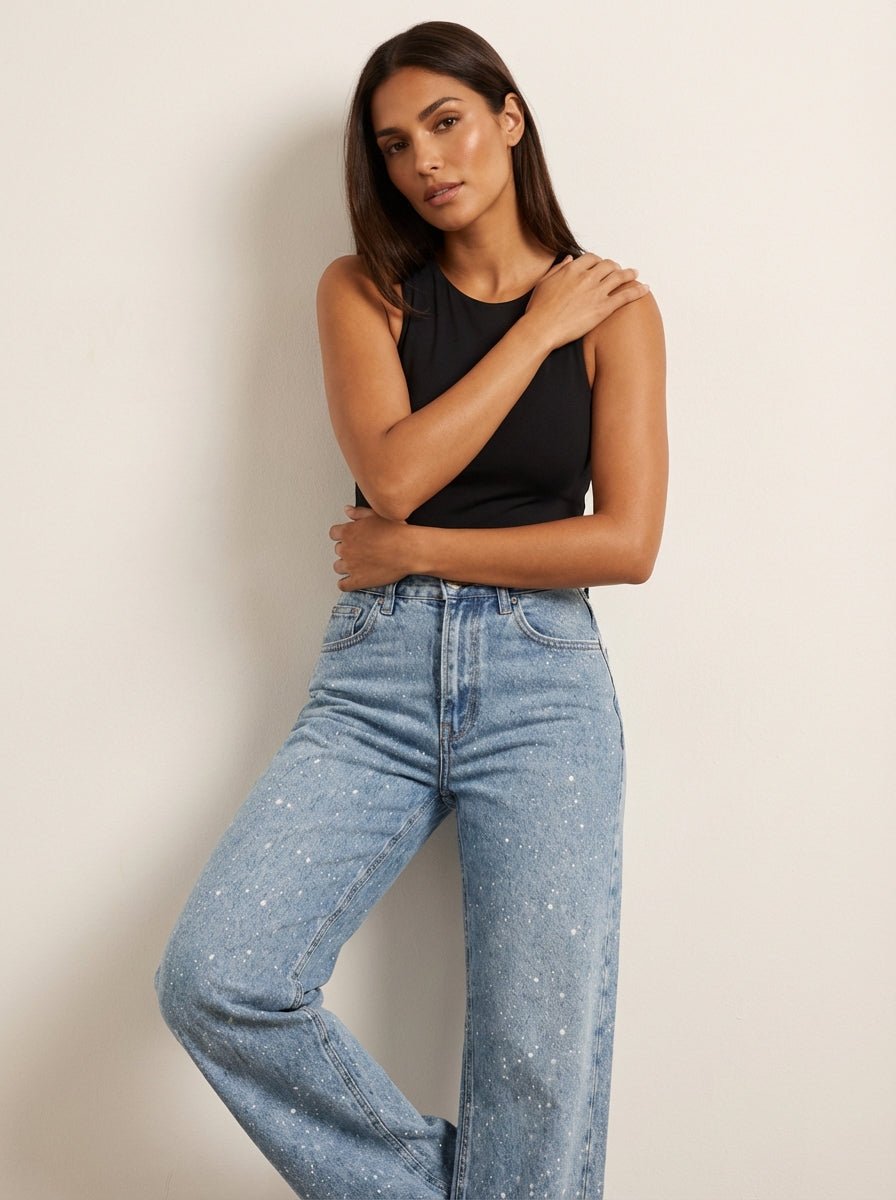 Isabella | Dame High-Waist Straight-Leg Glitter Denim Jeans