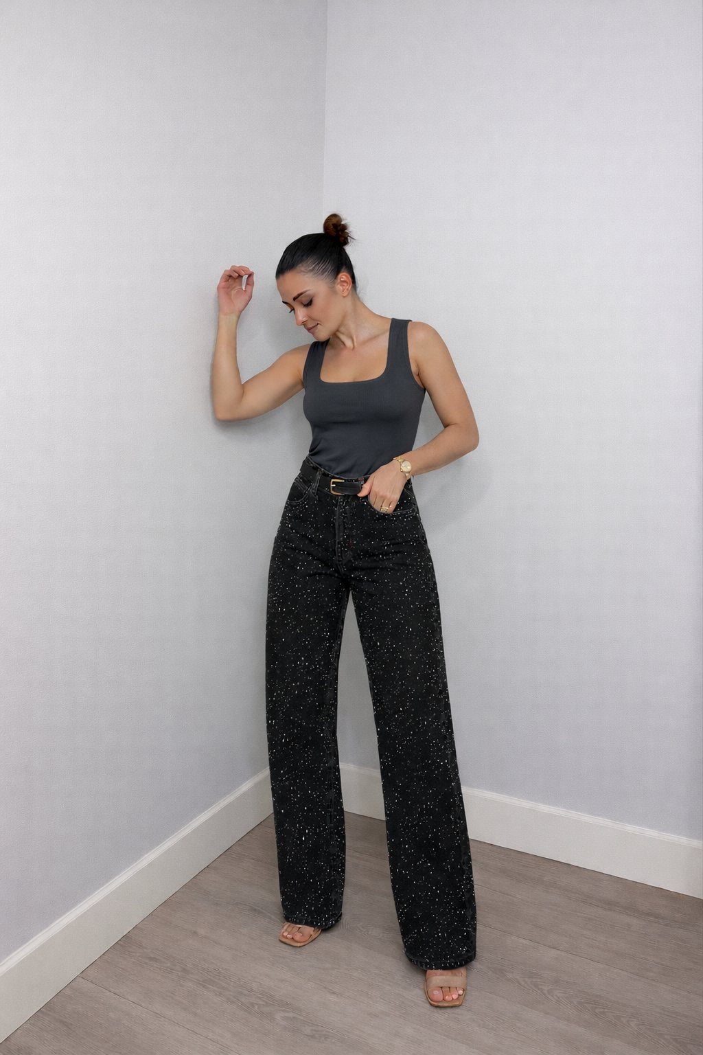 Isabella | Dame High-Waist Straight-Leg Glitter Denim Jeans
