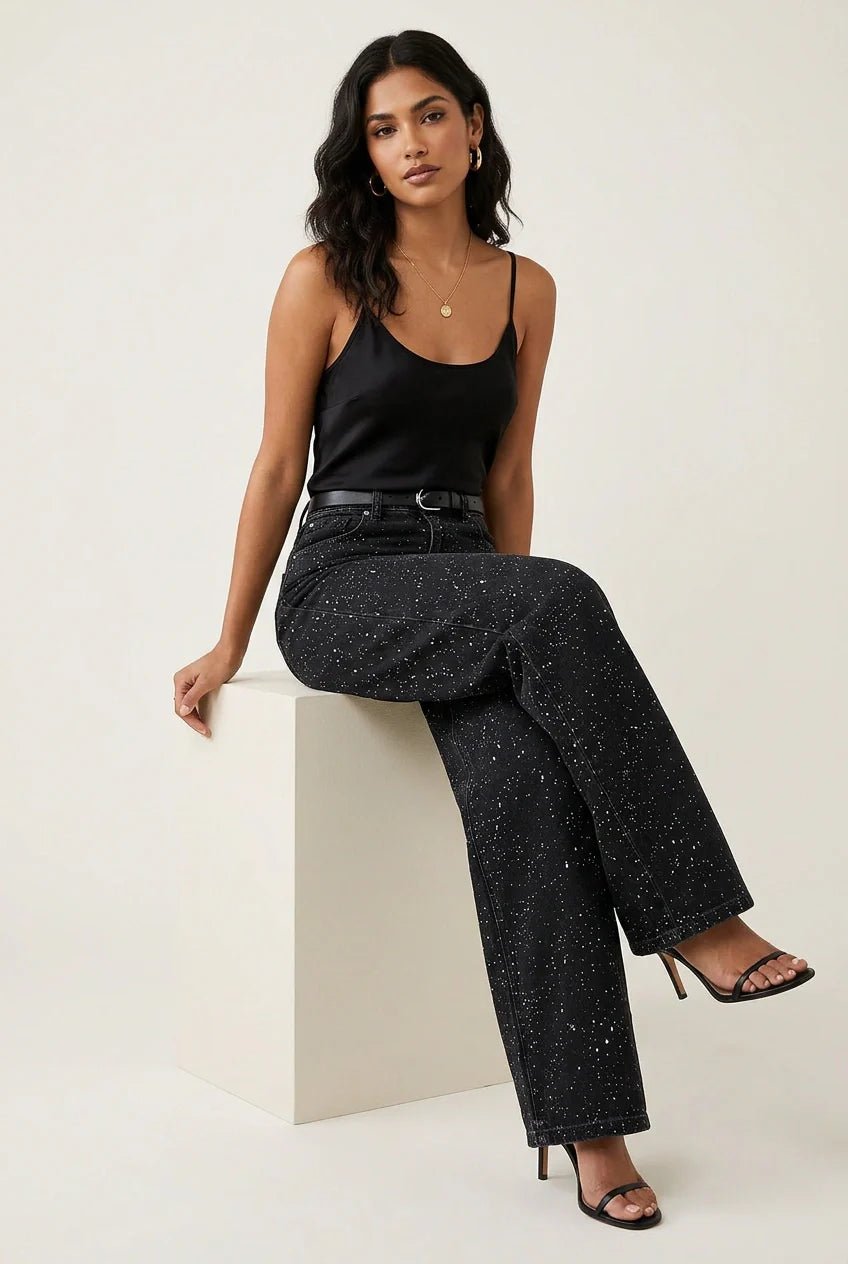 Isabella | Dame High-Waist Straight-Leg Glitter Denim Jeans