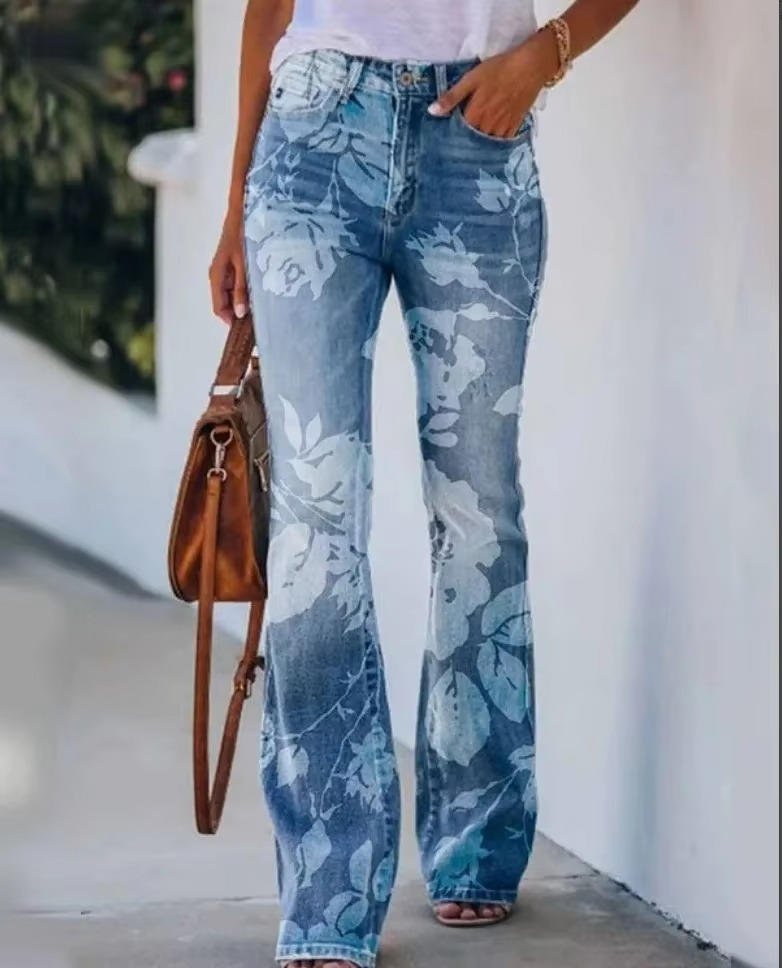 Astrid | Dame Højtaljede Blomster Flare Jeans