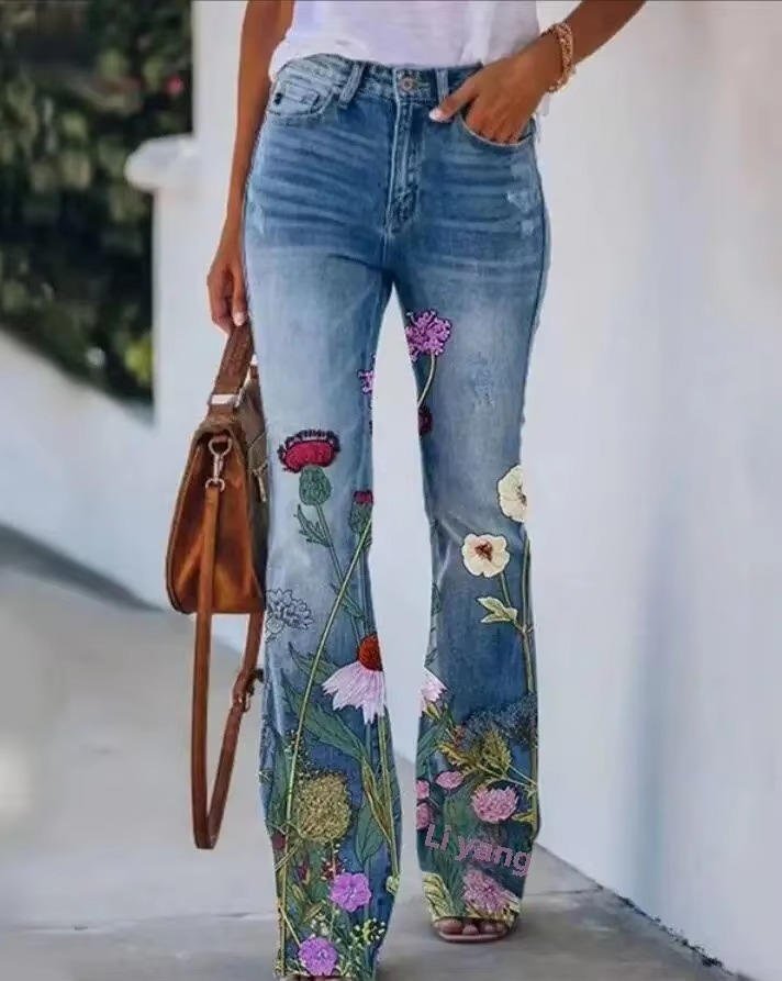 Astrid | Dame Højtaljede Blomster Flare Jeans