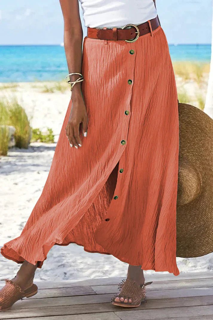Olivia | Dame Højtaljeret Knapfront Maxi Nederdel Linned-Look