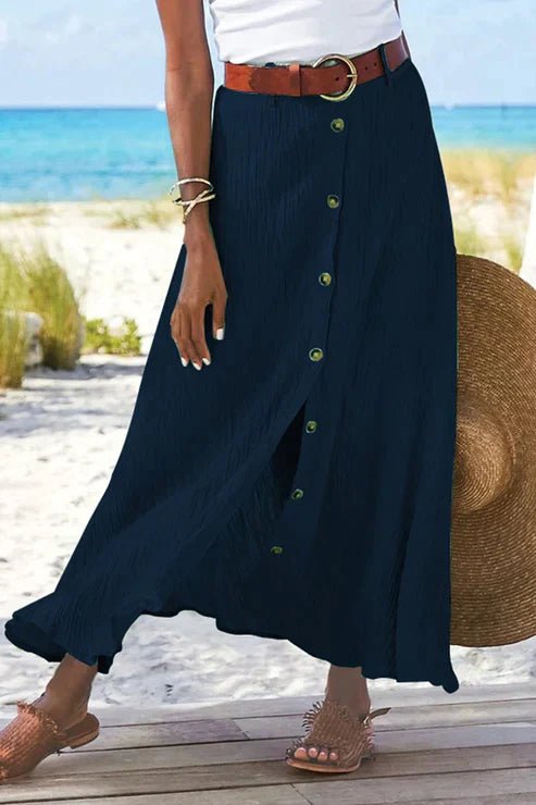 Olivia | Dame Højtaljeret Knapfront Maxi Nederdel Linned-Look