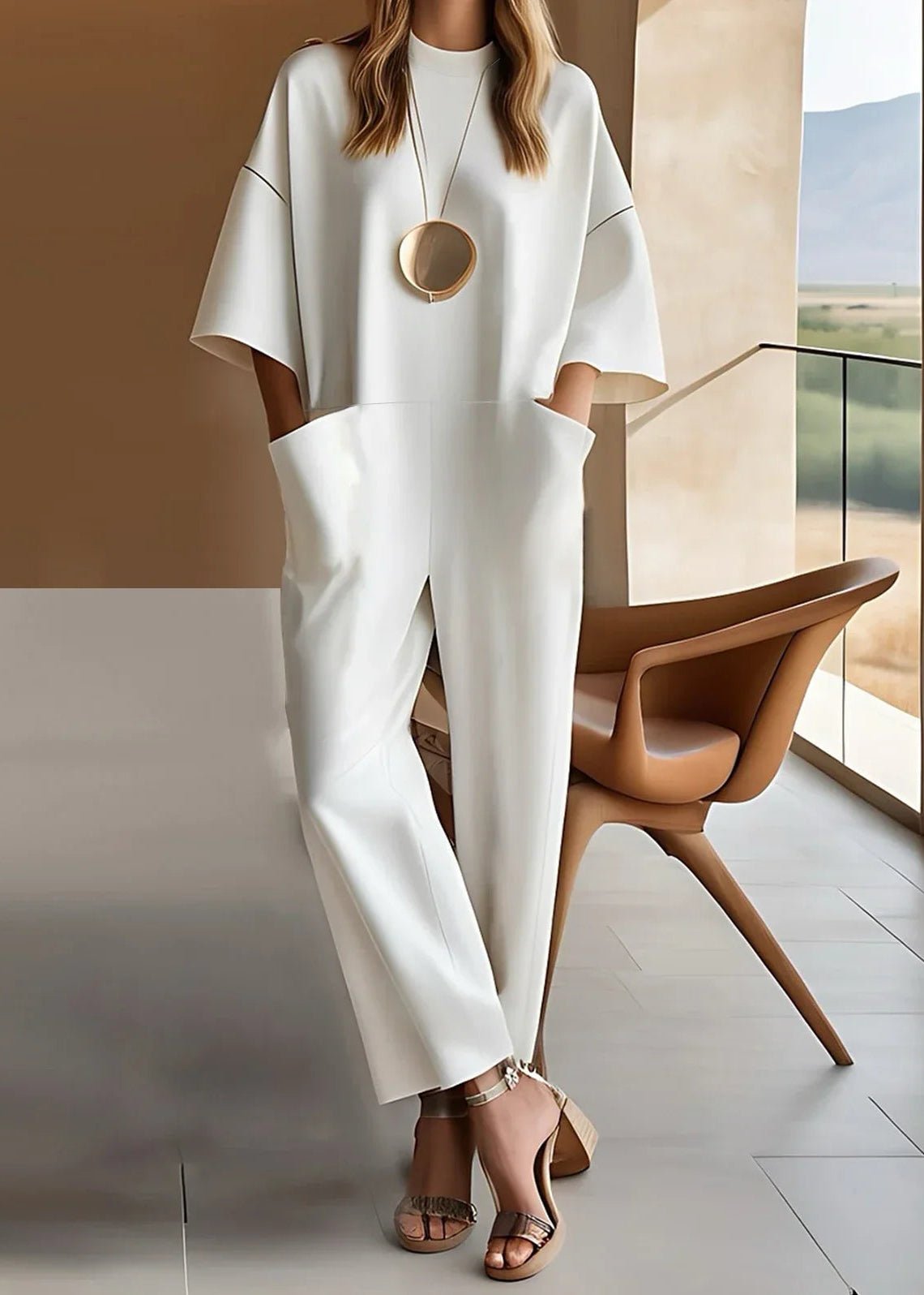 Astrid | Dame Hvid Kortærmet Wide-Leg Jumpsuit Crew Neck