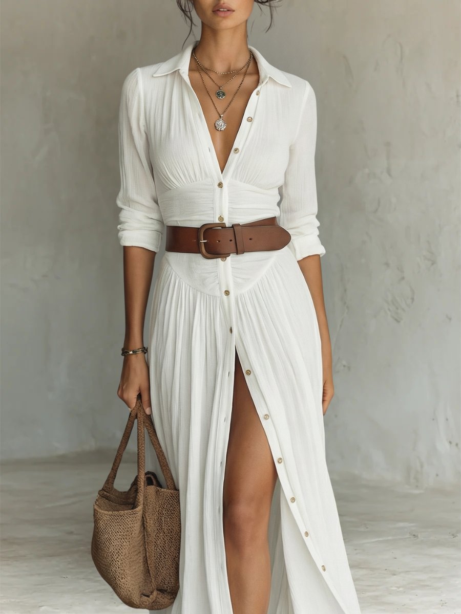 Nora | Dame Hvid Skjortekjole Lang Maxi Boho-Stil