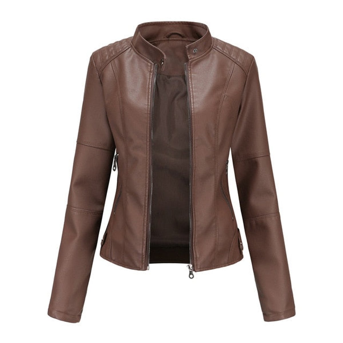 Clara | Dame kort zippet kunstlæder leather jacket med stående krave