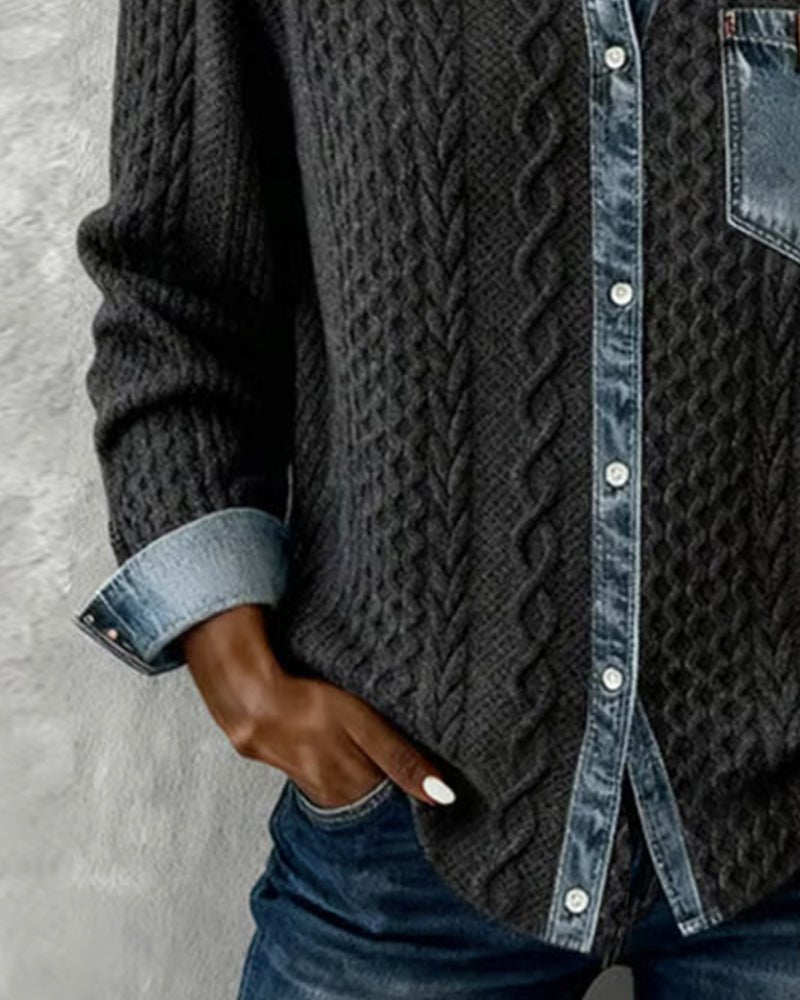 Mathilde | Dame Langærmet Kabelstrik Skjorte Denim Patchwork
