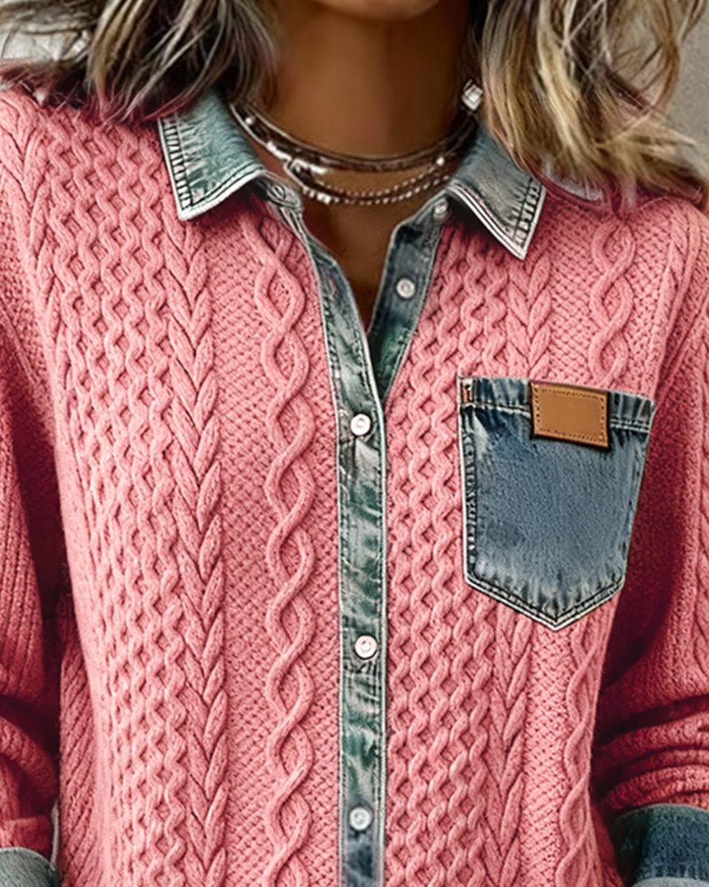 Mathilde | Dame Langærmet Kabelstrik Skjorte Denim Patchwork