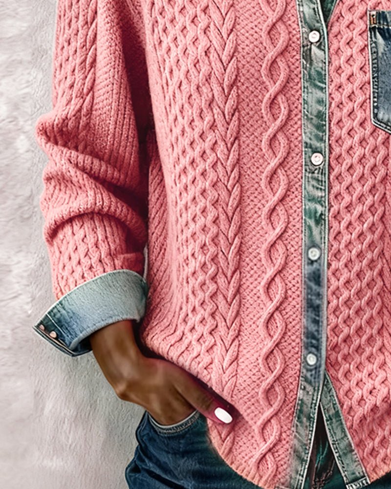 Mathilde | Dame Langærmet Kabelstrik Skjorte Denim Patchwork