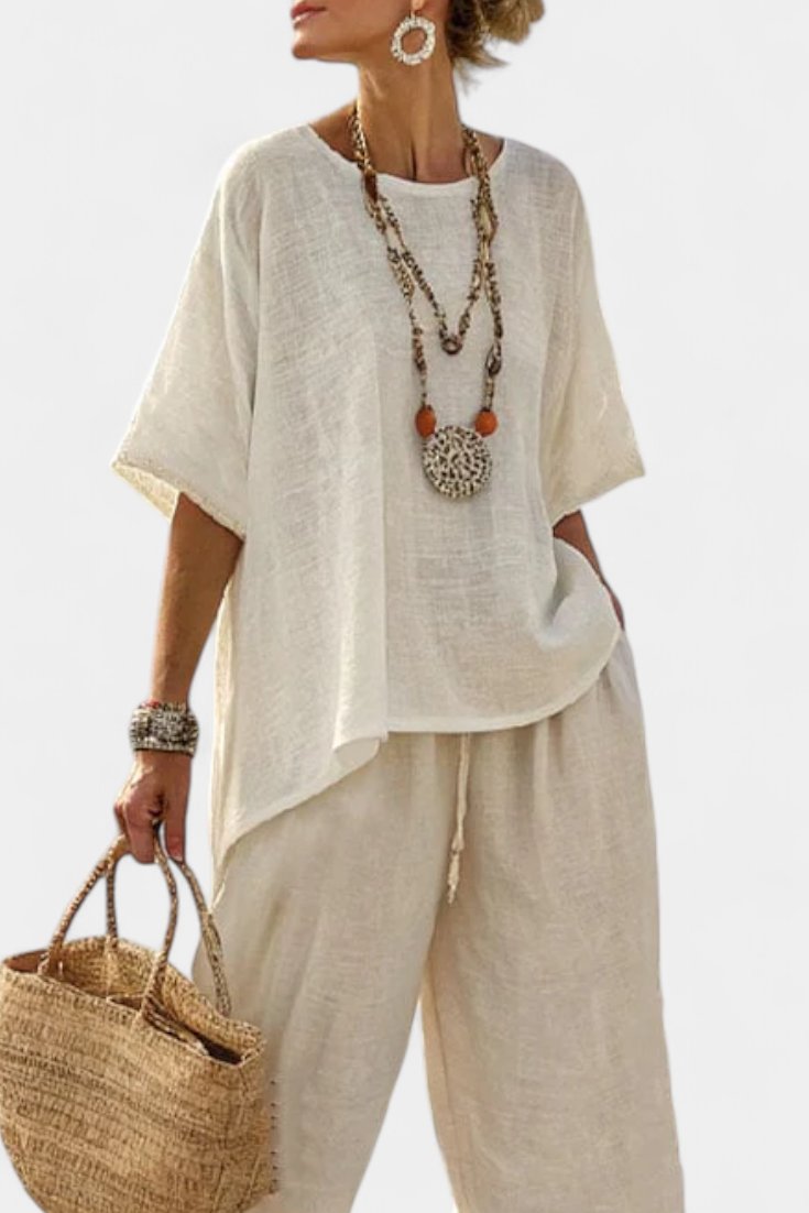 Lea | Dame Linen Asymmetrisk Top og Vide Bukser Sæt