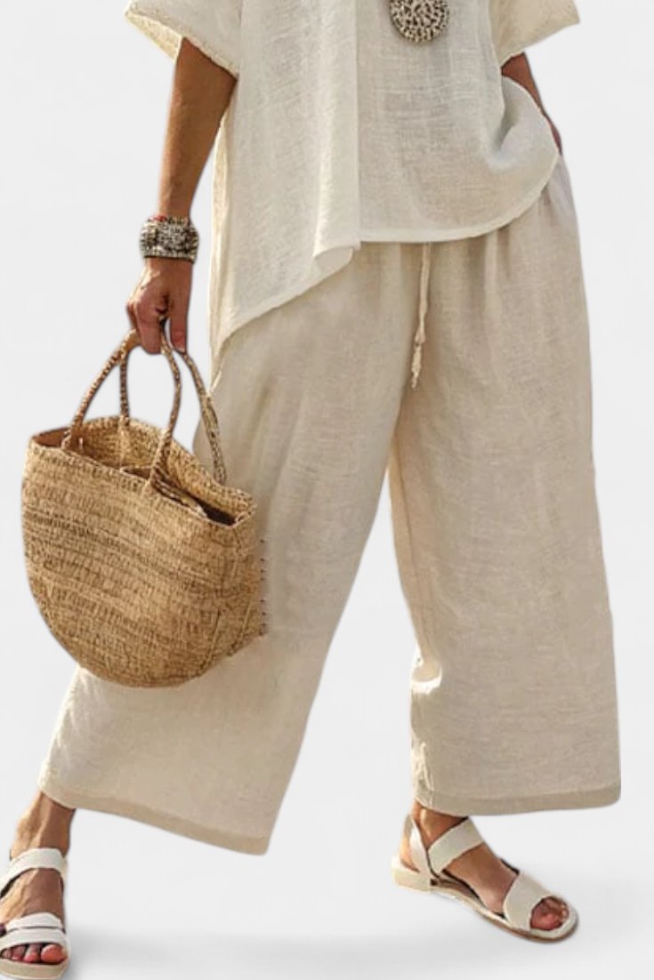 Lea | Dame Linen Asymmetrisk Top og Vide Bukser Sæt