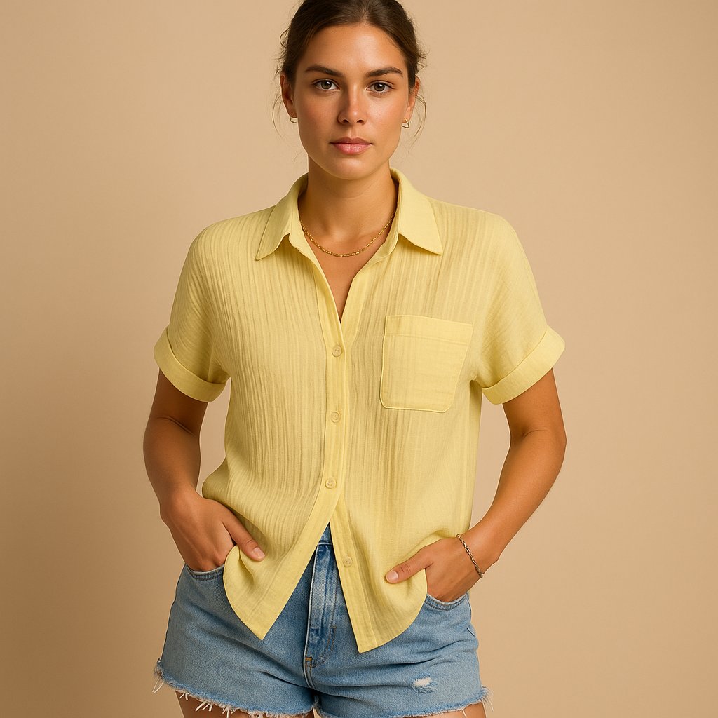 Josefine | Dame Linen-Look Kortærmet Casual Skjorte med Brystlomme