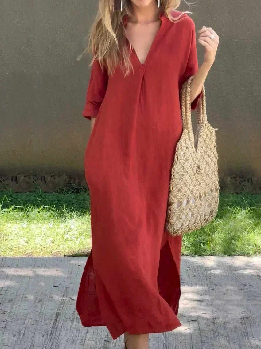 Josefine | Dame Maxi Sommerkjole V-hals Afslappet Linned-look