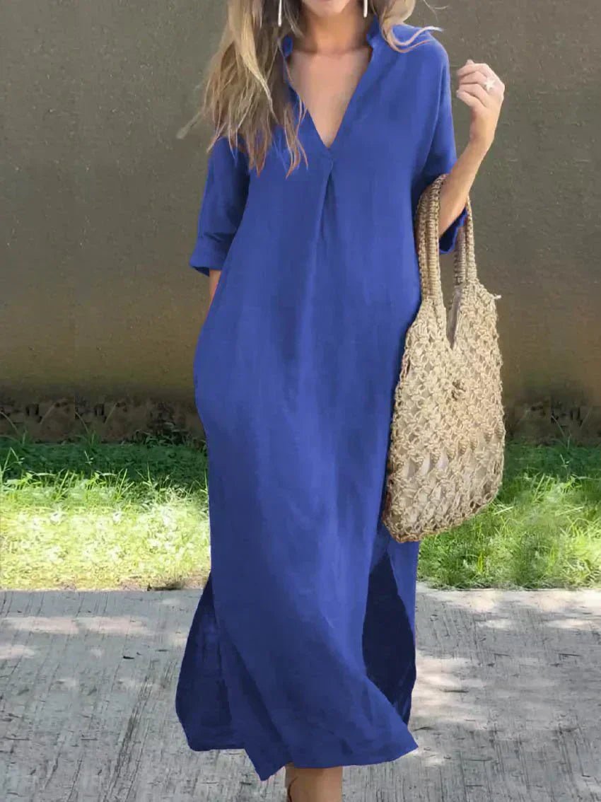 Josefine | Dame Maxi Sommerkjole V-hals Afslappet Linned-look