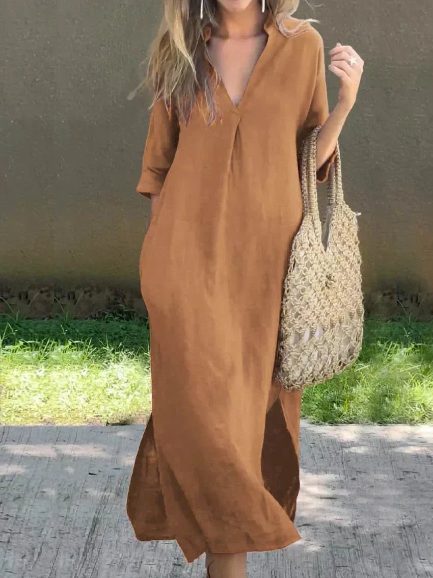 Josefine | Dame Maxi Sommerkjole V-hals Afslappet Linned-look