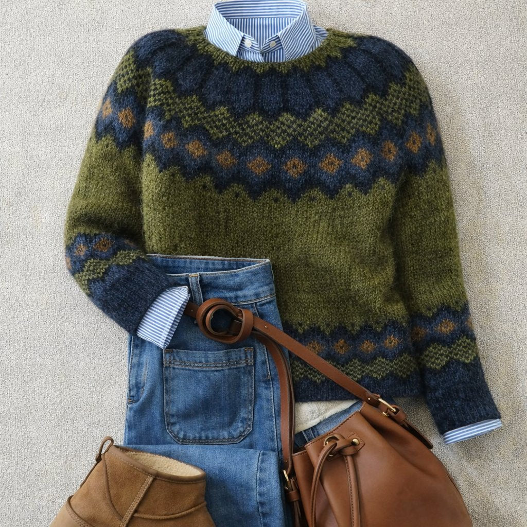 Ella | Dame Nordic Fair Isle Strikket Sweater Rund Hals Afslappet Pasform