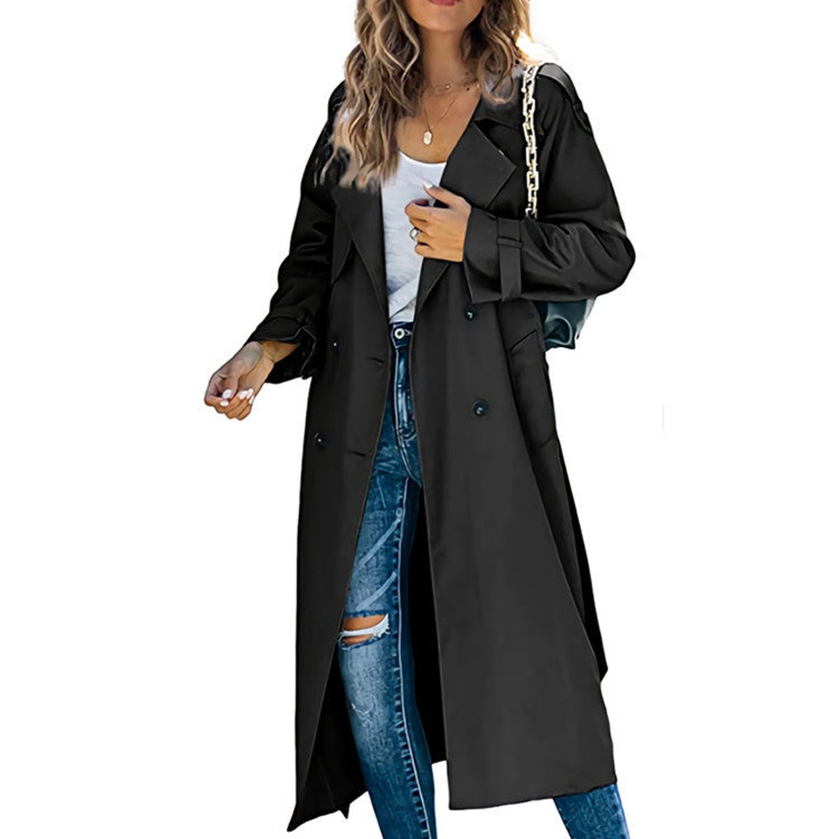 Olivia | Dame Oversized Dobbeltknappet Trench Coat Bæltet Talje