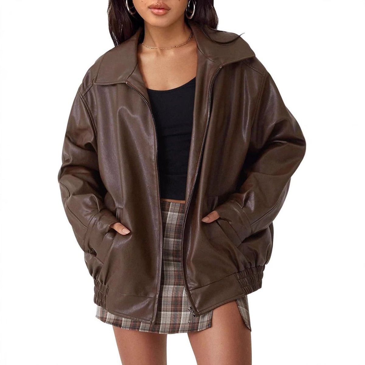 Liv | Dame Oversized Faux Leather Jacket Lynlås Bomber