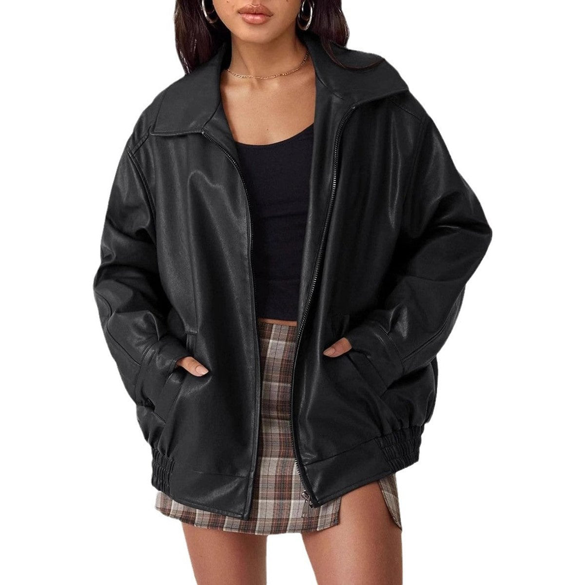 Liv | Dame Oversized Faux Leather Jacket Lynlås Bomber