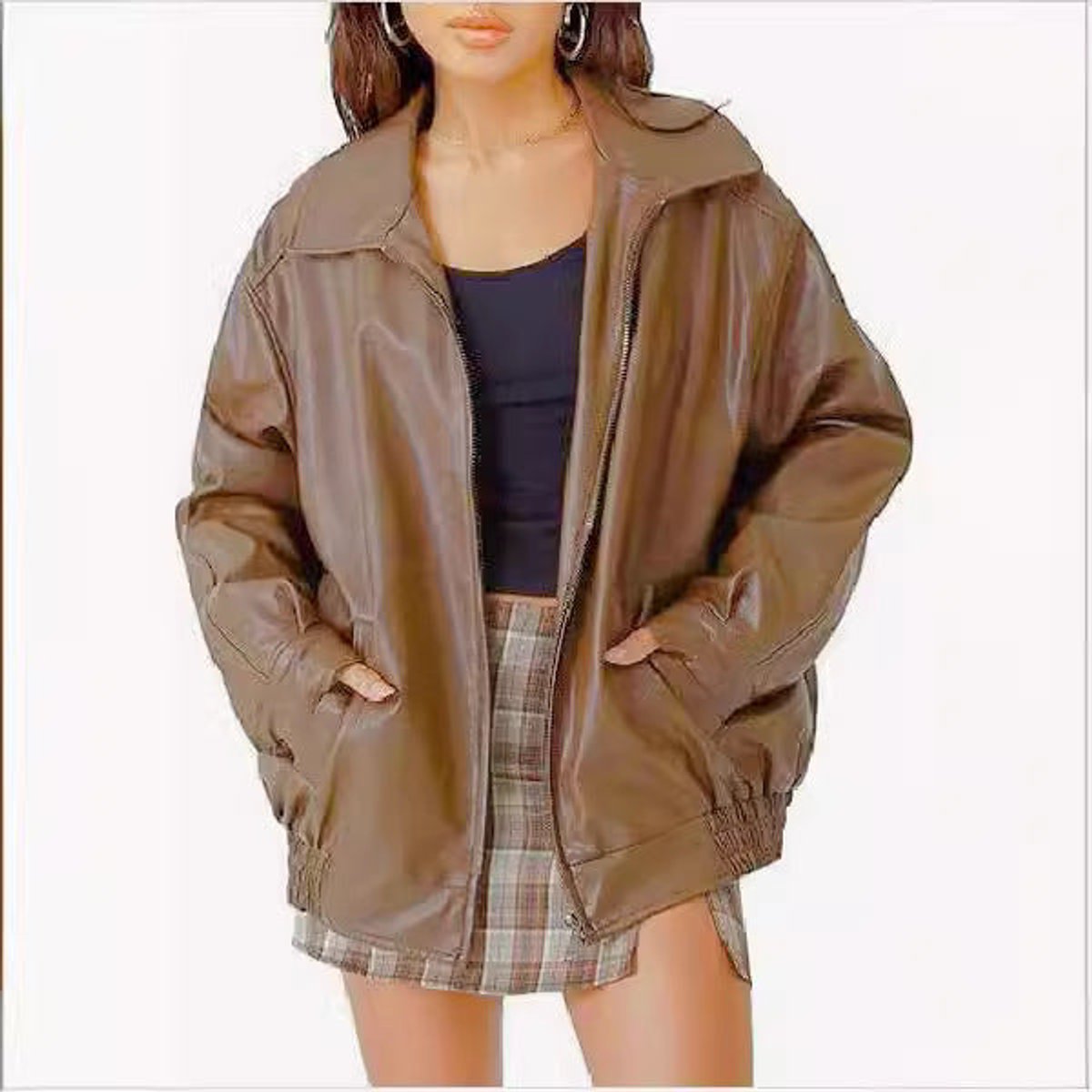 Liv | Dame Oversized Faux Leather Jacket Lynlås Bomber