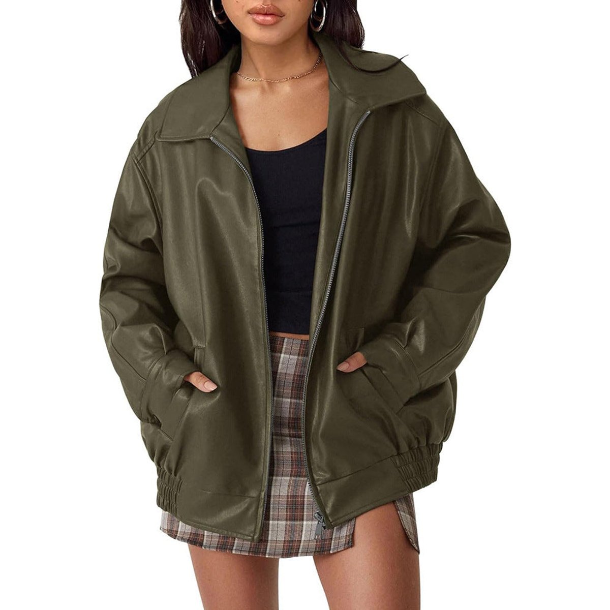 Liv | Dame Oversized Faux Leather Jacket Lynlås Bomber