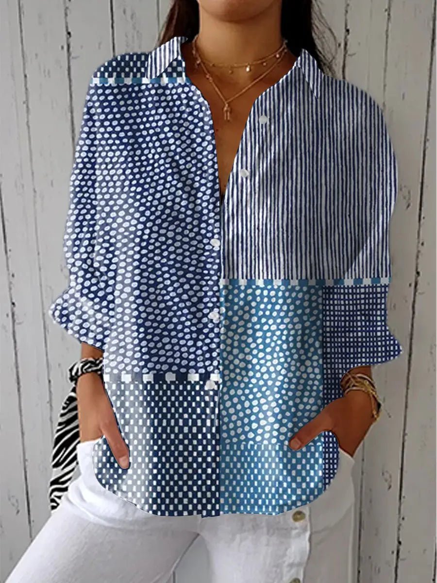 Ida | Dame Patchwork Bluse med Stribet og Prikket Mønster