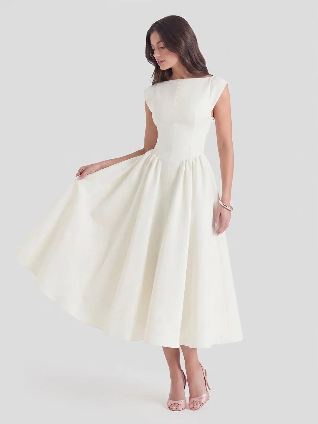 Ida | Dame Satin Midi Kjole Bådhals Korte Ærmer