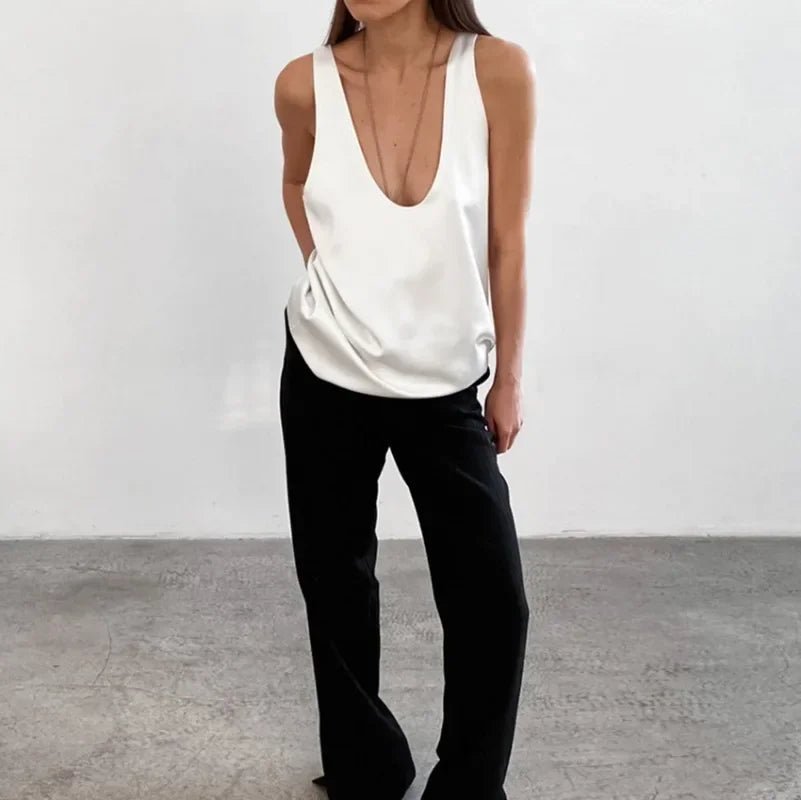 Karla | Dame Satin Tank Top Dyb U-Udskæring Afslappet Pasform